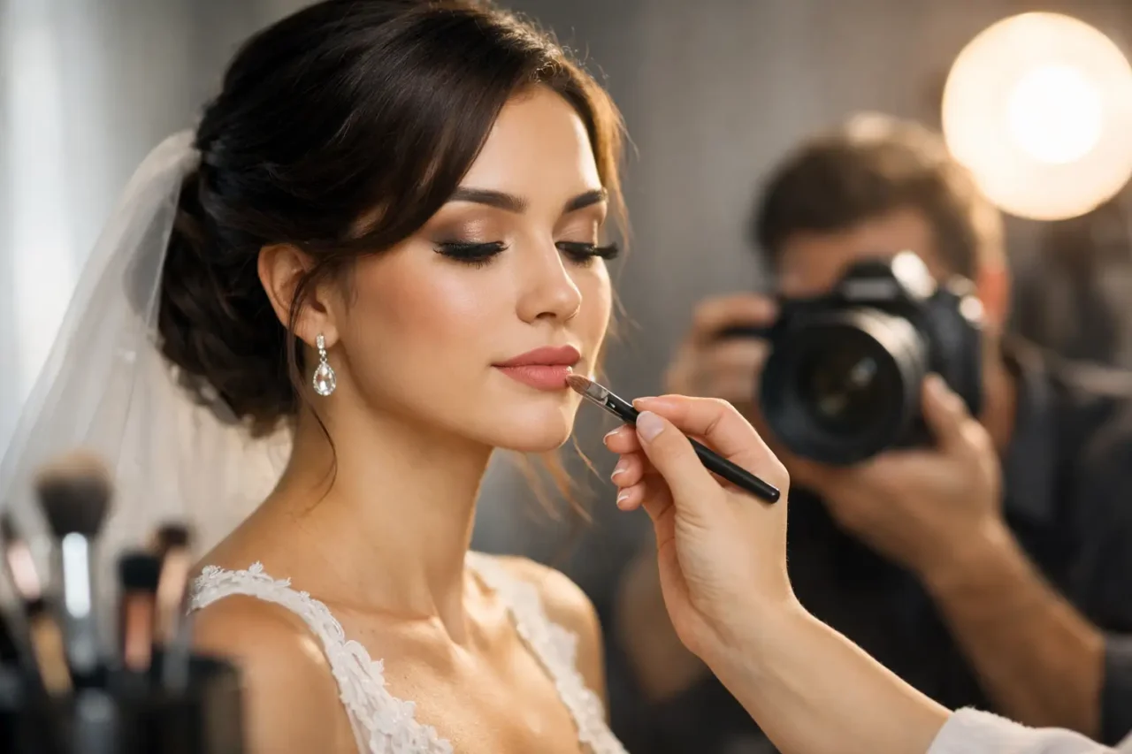 Bridal makeup for photography is designed for skin that reads luminous in person and refined in every flash, portrait, ceremony, and dance-floor frame.